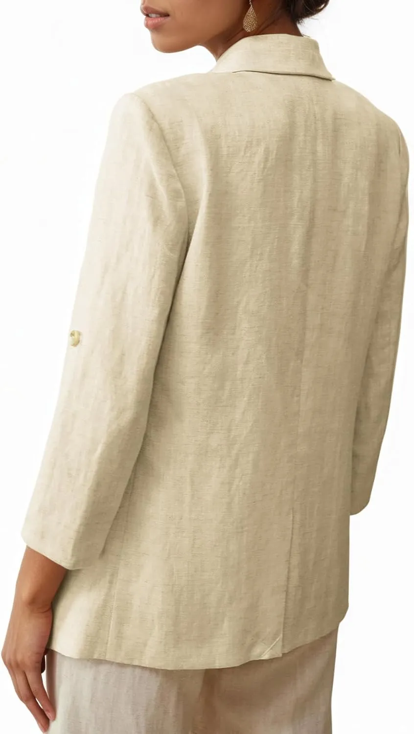 2025 Women's Summer Linen Blazer 3/4 Sleeve Long Lightweight Fully-Lined Trendy Casual Work Office Suit Jackets