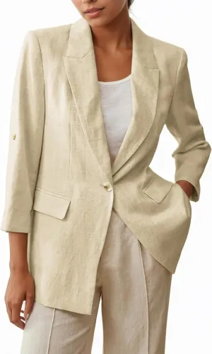 2025 Women's Summer Linen Blazer 3/4 Sleeve Long Lightweight Fully-Lined Trendy Casual Work Office Suit Jackets