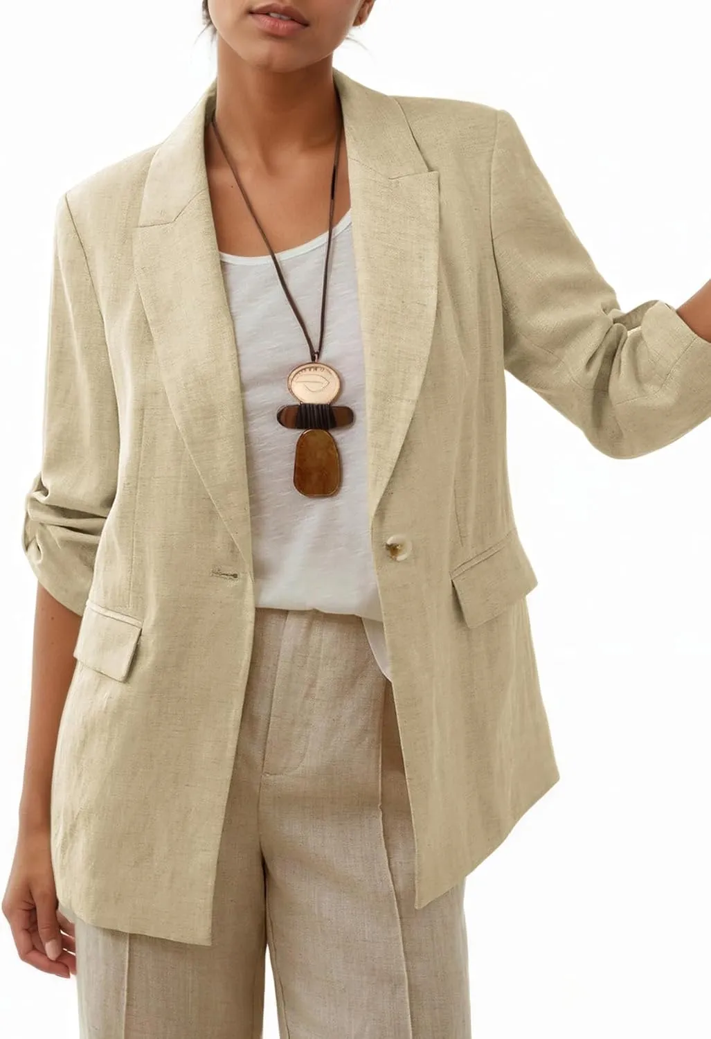 2025 Women's Summer Linen Blazer 3/4 Sleeve Long Lightweight Fully-Lined Trendy Casual Work Office Suit Jackets