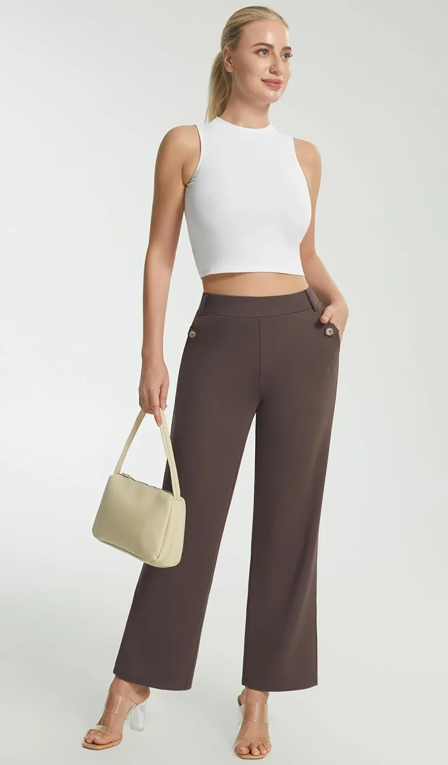 AFITNE Women's Yoga Dress Pants High Waist Pull On Dressy Work Pants Stretchy Business Casual Ankle Length Trousers