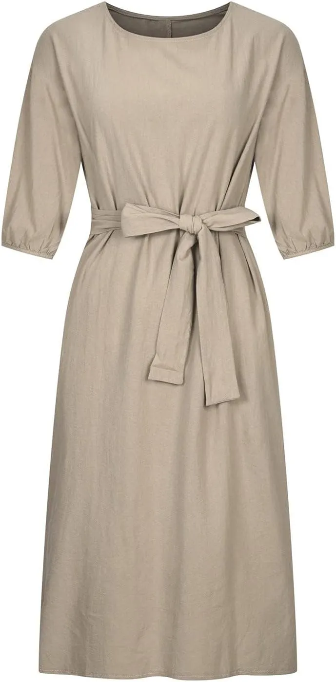 Akivide Women's Cotton Linen Puff Half Sleeve Tie Belt Midi Dress Summer Casual Vacation Shift Crewneck Tshirt Dress