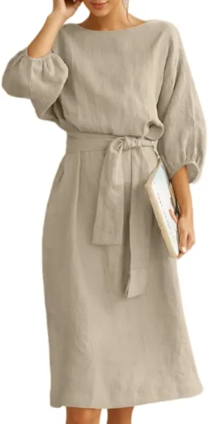 Akivide Women's Cotton Linen Puff Half Sleeve Tie Belt Midi Dress Summer Casual Vacation Shift Crewneck Tshirt Dress