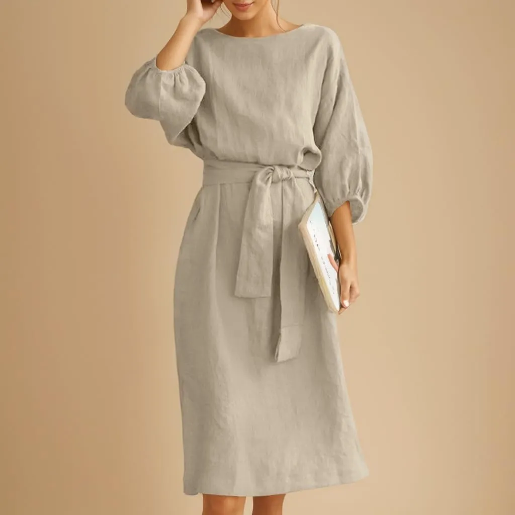 Akivide Women's Cotton Linen Puff Half Sleeve Tie Belt Midi Dress Summer Casual Vacation Shift Crewneck Tshirt Dress