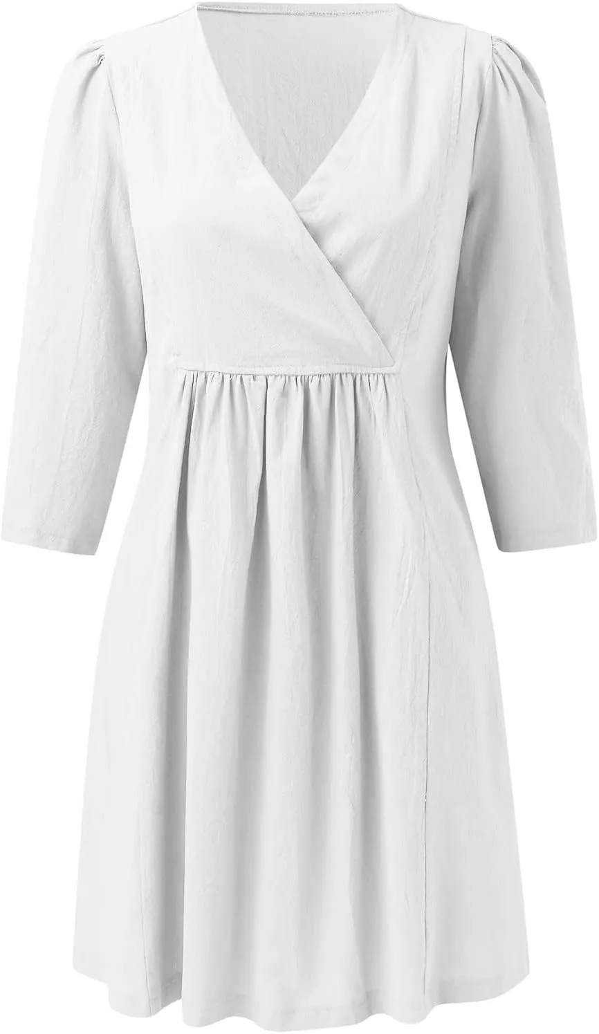 Akivide Womens Summer V Neck Linen Dress Loose Half Sleeve Pleated Solid Linen Dress