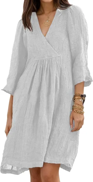 Akivide Womens Summer V Neck Linen Dress Loose Half Sleeve Pleated Solid Linen Dress