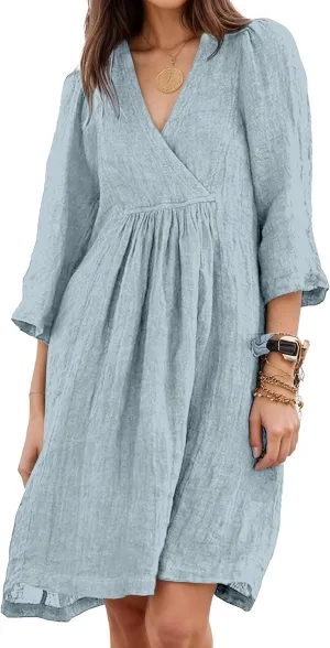 Akivide Womens Summer V Neck Linen Dress Loose Half Sleeve Pleated Solid Linen Dress