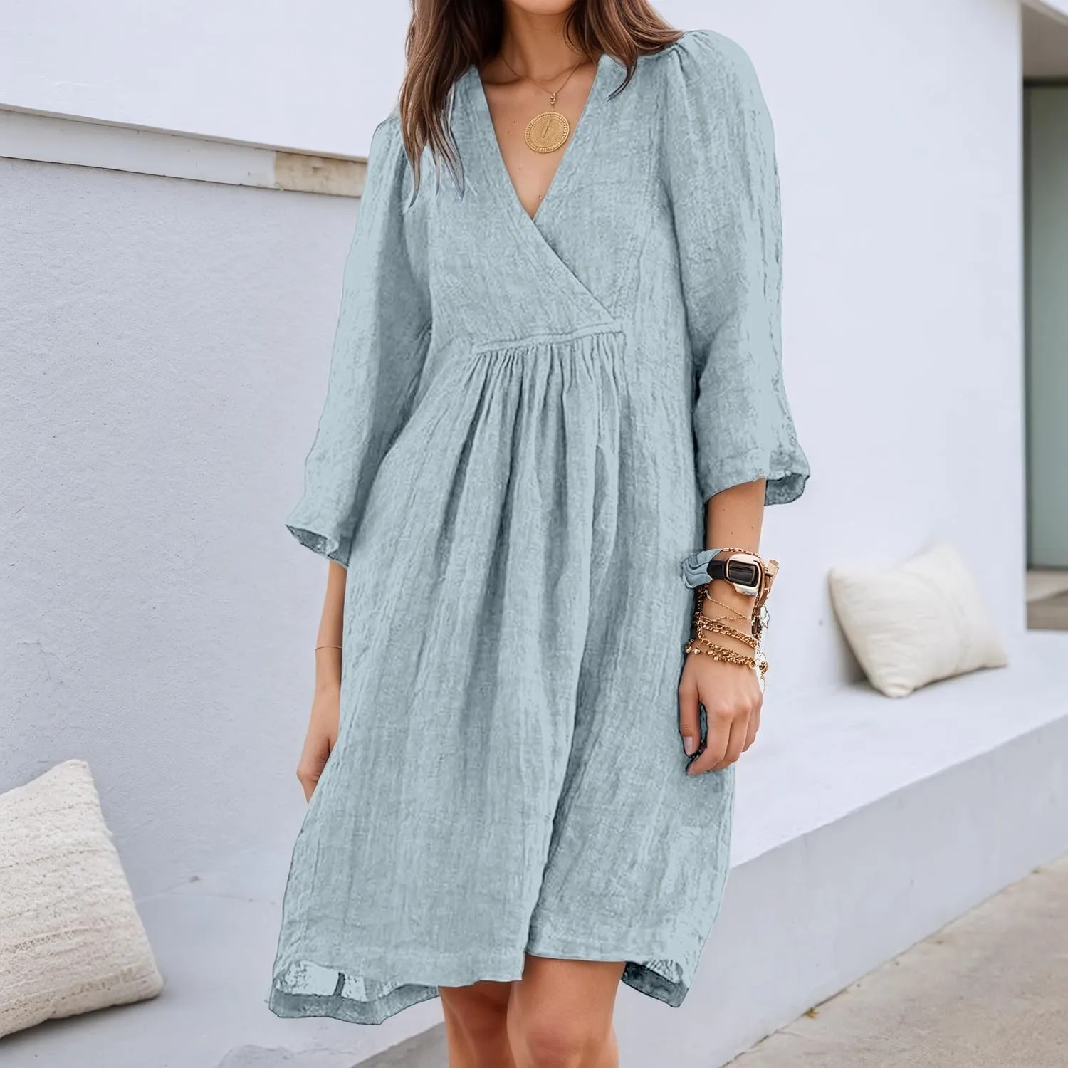 Akivide Womens Summer V Neck Linen Dress Loose Half Sleeve Pleated Solid Linen Dress