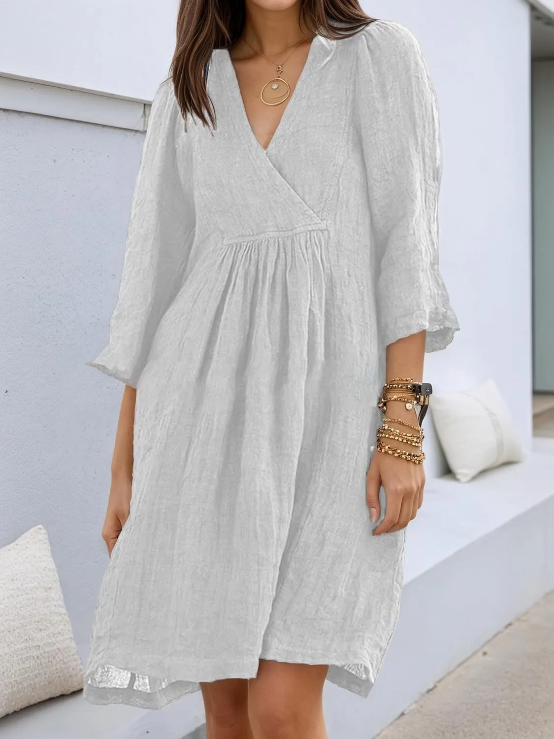 Akivide Womens Summer V Neck Linen Dress Loose Half Sleeve Pleated Solid Linen Dress