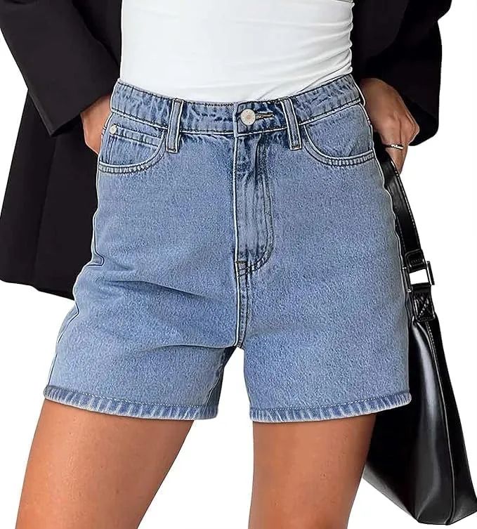 Angerella Denim Shorts for Women Mid Rise Ripped Jean Shorts Stretchy Folded Hem Hot Short Jeans