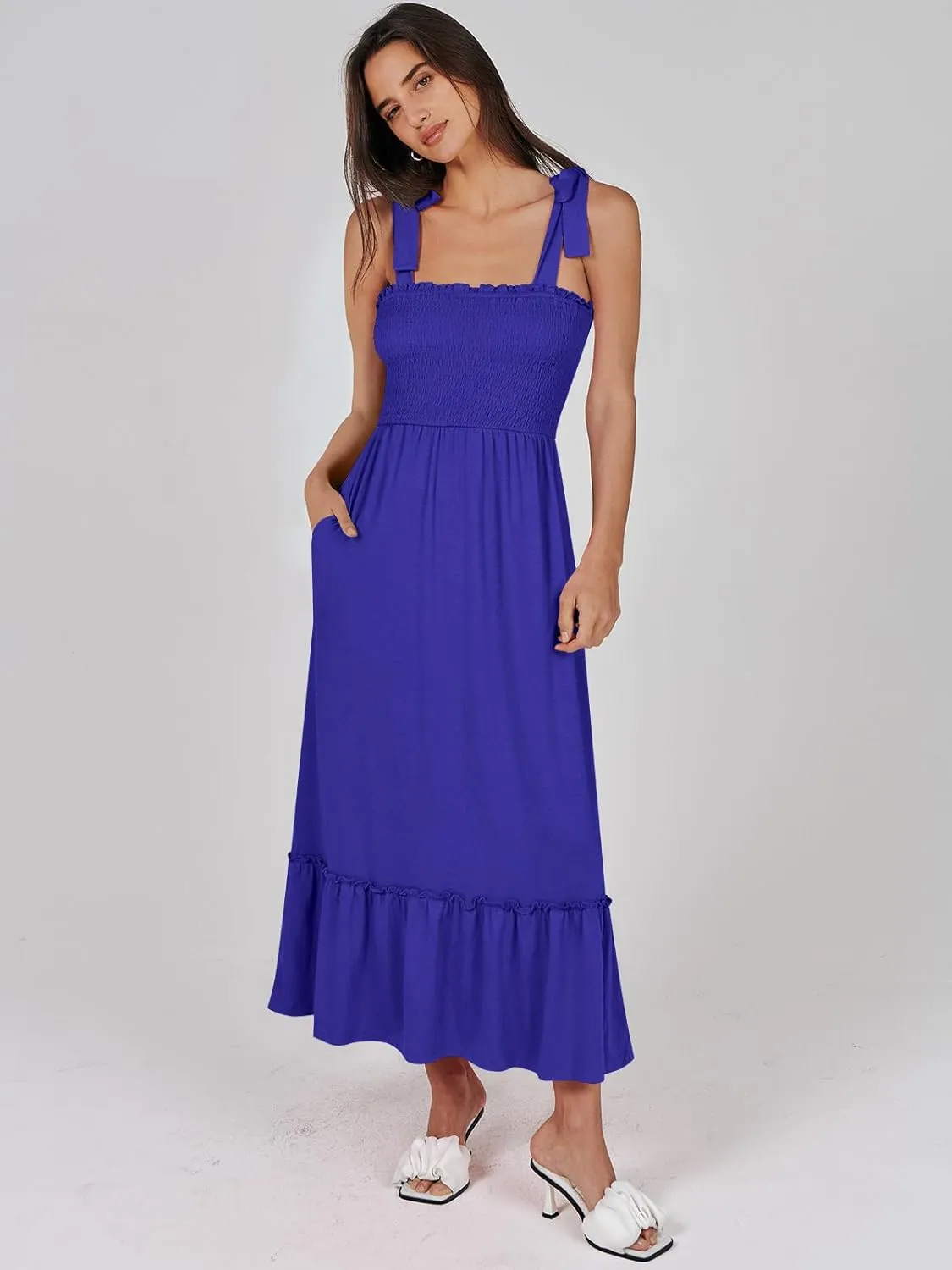 ANRABESS Women Summer Casual Strap Smocked Maxi Flowy Tiered A Line Beach Travel Sundress Wedding Guest Outfits