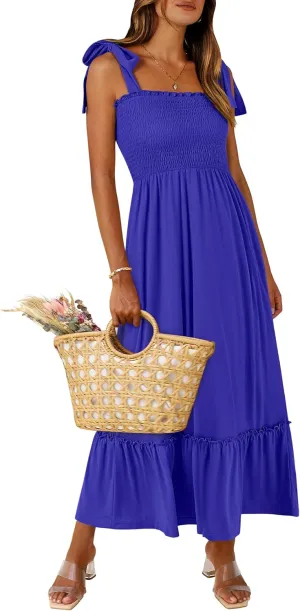 ANRABESS Women Summer Casual Strap Smocked Maxi Flowy Tiered A Line Beach Travel Sundress Wedding Guest Outfits