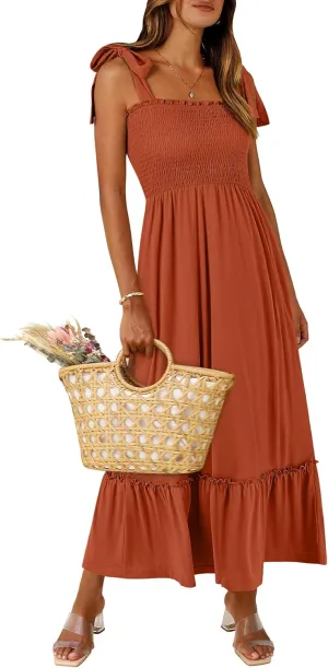ANRABESS Women Summer Casual Strap Smocked Maxi Flowy Tiered A Line Beach Travel Sundress Wedding Guest Outfits