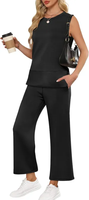 ANRABESS Women's 2 Piece Sets Summer Travel Airplane Outfits Sleeveless Wide Leg Casual Lounge Matching Sweat Set Sweatsuits