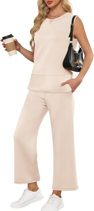 ANRABESS Women's 2 Piece Sets Summer Travel Airplane Outfits Sleeveless Wide Leg Casual Lounge Matching Sweat Set Sweatsuits