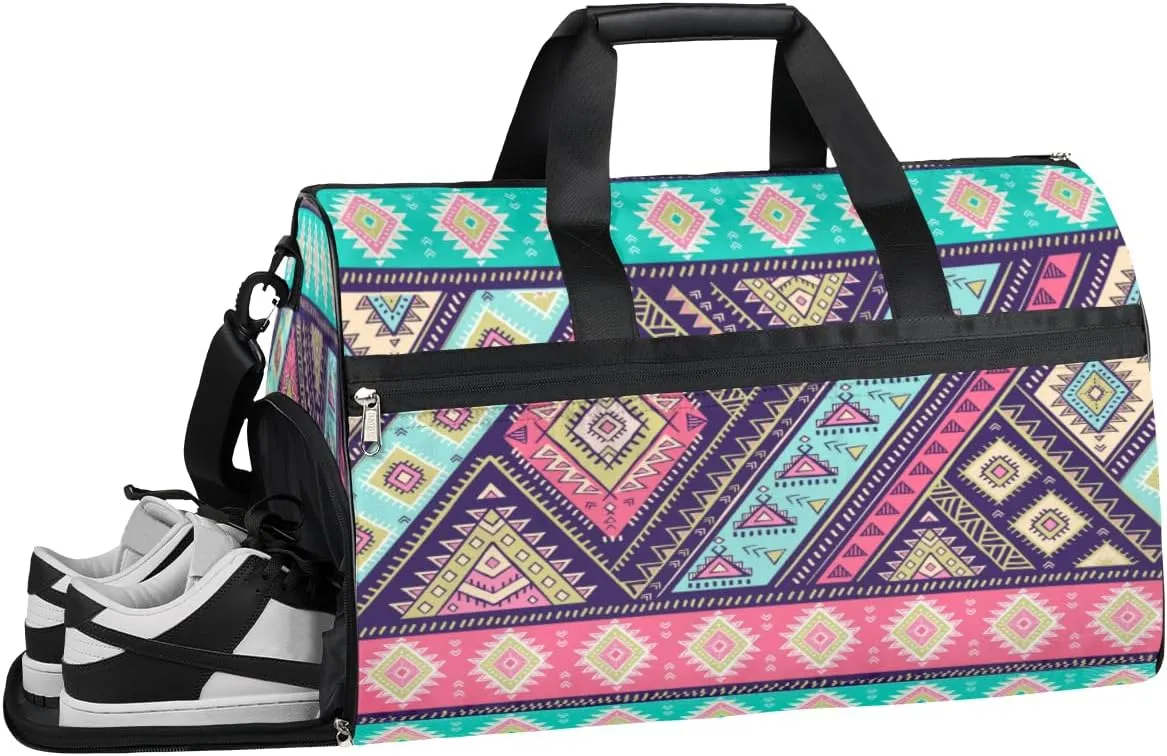 Aztec Print Sports Gym Bag with Wet Pocket & Shoes Compartment Waterproof Workout Duffel Bag for Women and Men Weekender Overnight Duffle Bag Travel Carry-on Tote