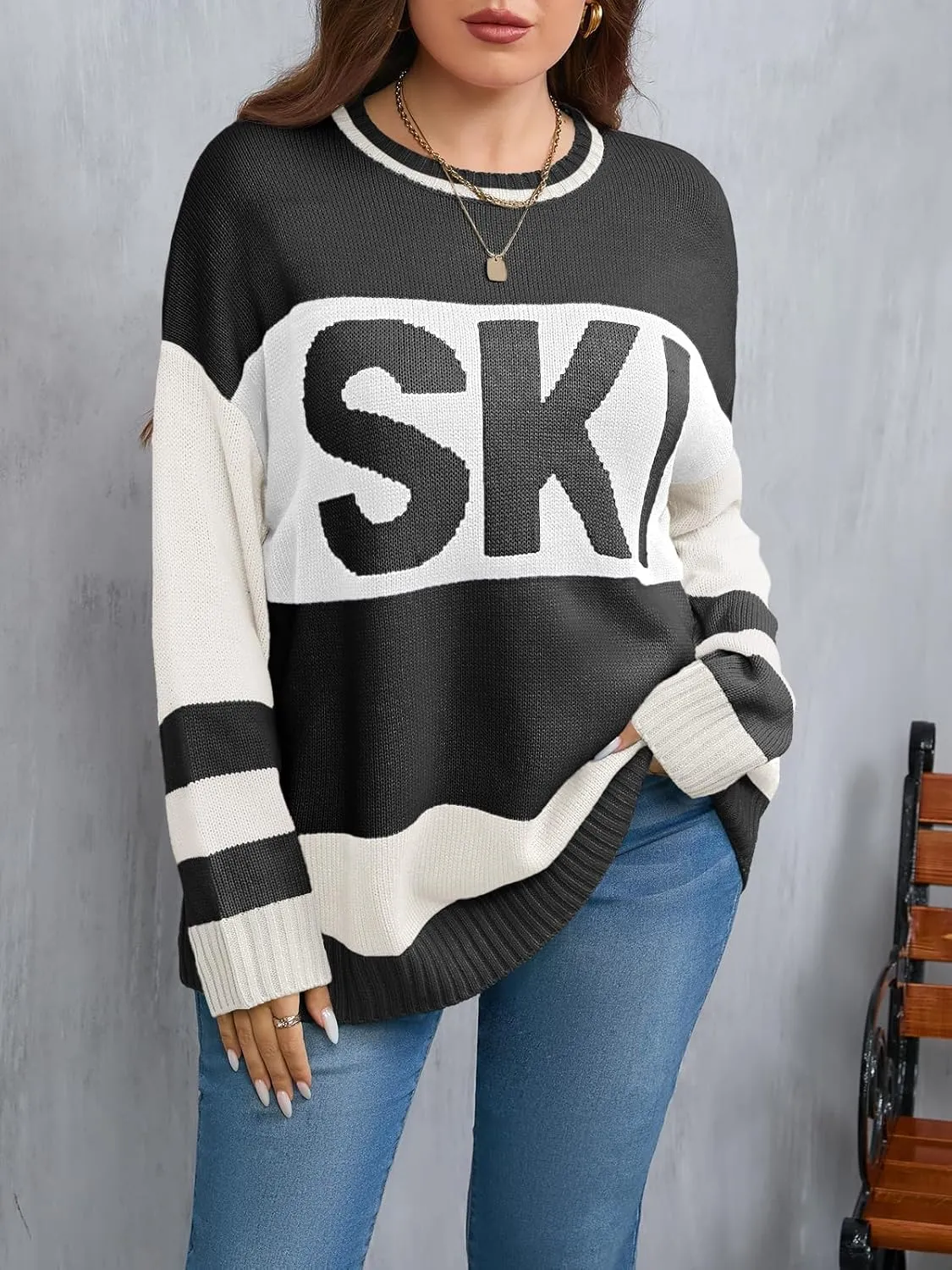 Beautife Womens Plus Size Ski Print Color Block Sweater Fall Trendy Crew Neck Long Sleeve Loose Pullover Knit Tops