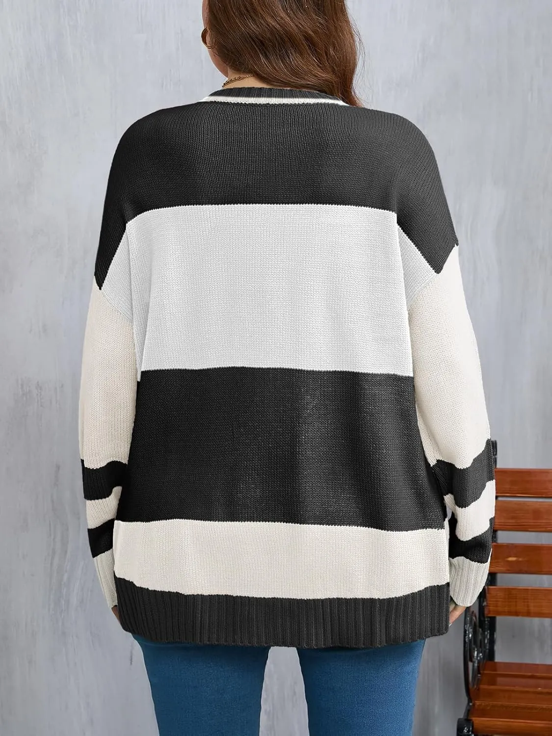 Beautife Womens Plus Size Ski Print Color Block Sweater Fall Trendy Crew Neck Long Sleeve Loose Pullover Knit Tops