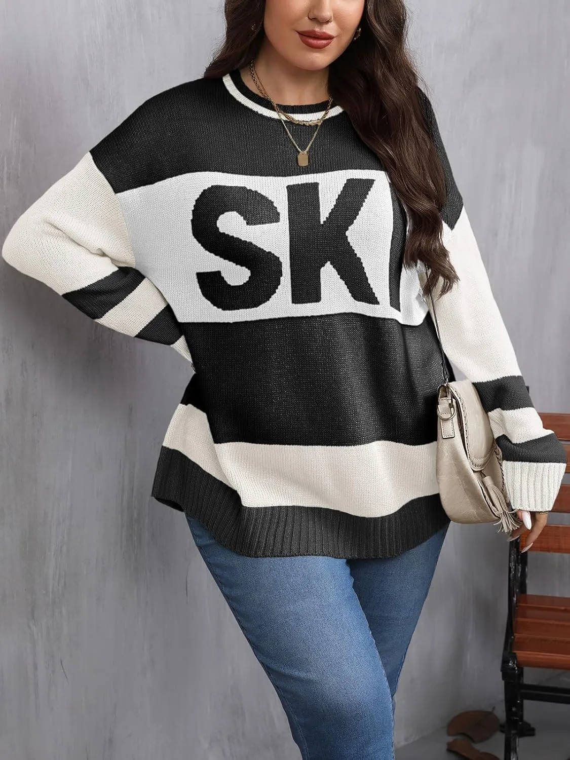 Beautife Womens Plus Size Ski Print Color Block Sweater Fall Trendy Crew Neck Long Sleeve Loose Pullover Knit Tops
