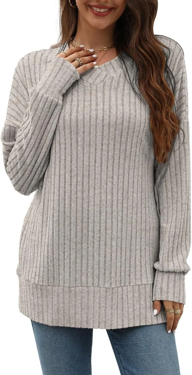 Beimuc V Neck Long Sleeve Shirts for Women Casual Fall Tunic Tops Lightweight Sweaters Loose Fit Fashion Clothes 2025