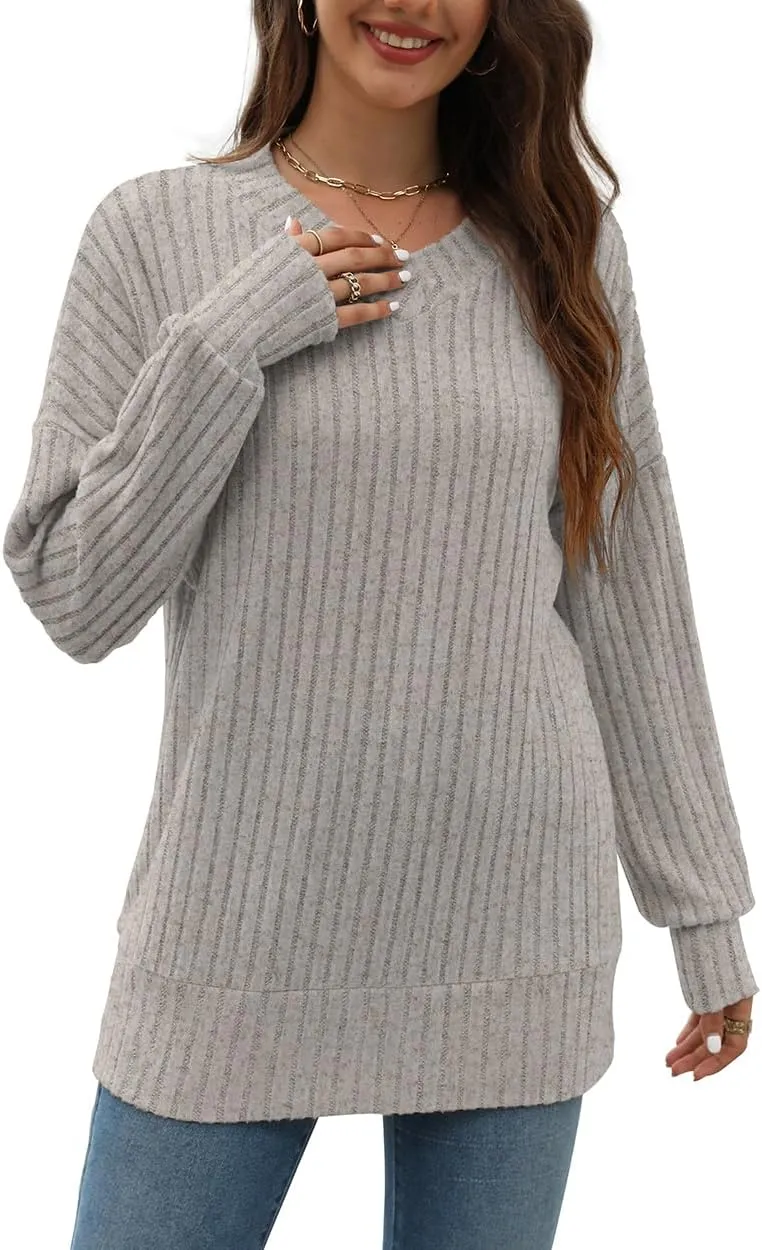Beimuc V Neck Long Sleeve Shirts for Women Casual Fall Tunic Tops Lightweight Sweaters Loose Fit Fashion Clothes 2025