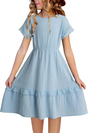 blibean Girls Cotton Short Sleeve Dresses Lace Semi Formal Dress Size 6-15 Years