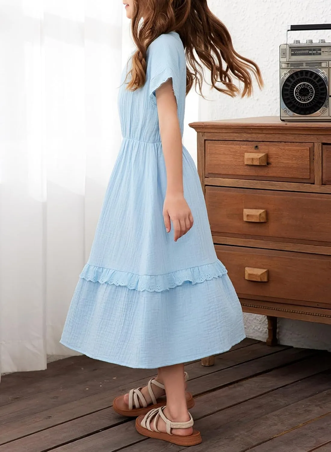 blibean Girls Cotton Short Sleeve Dresses Lace Semi Formal Dress Size 6-15 Years