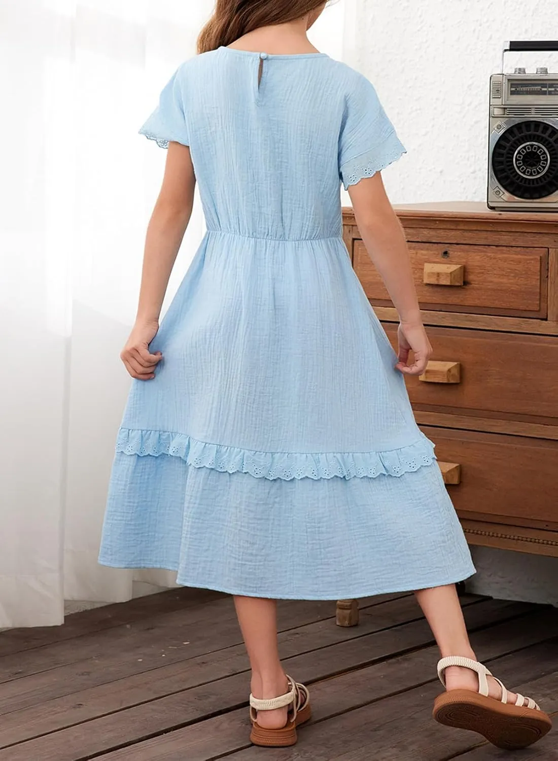 blibean Girls Cotton Short Sleeve Dresses Lace Semi Formal Dress Size 6-15 Years
