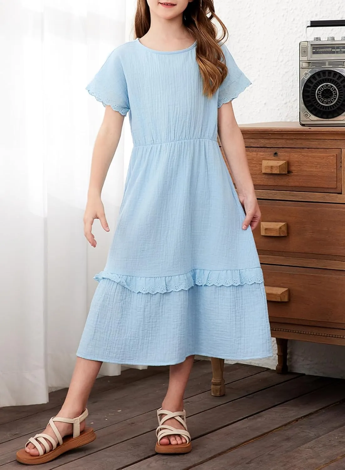 blibean Girls Cotton Short Sleeve Dresses Lace Semi Formal Dress Size 6-15 Years
