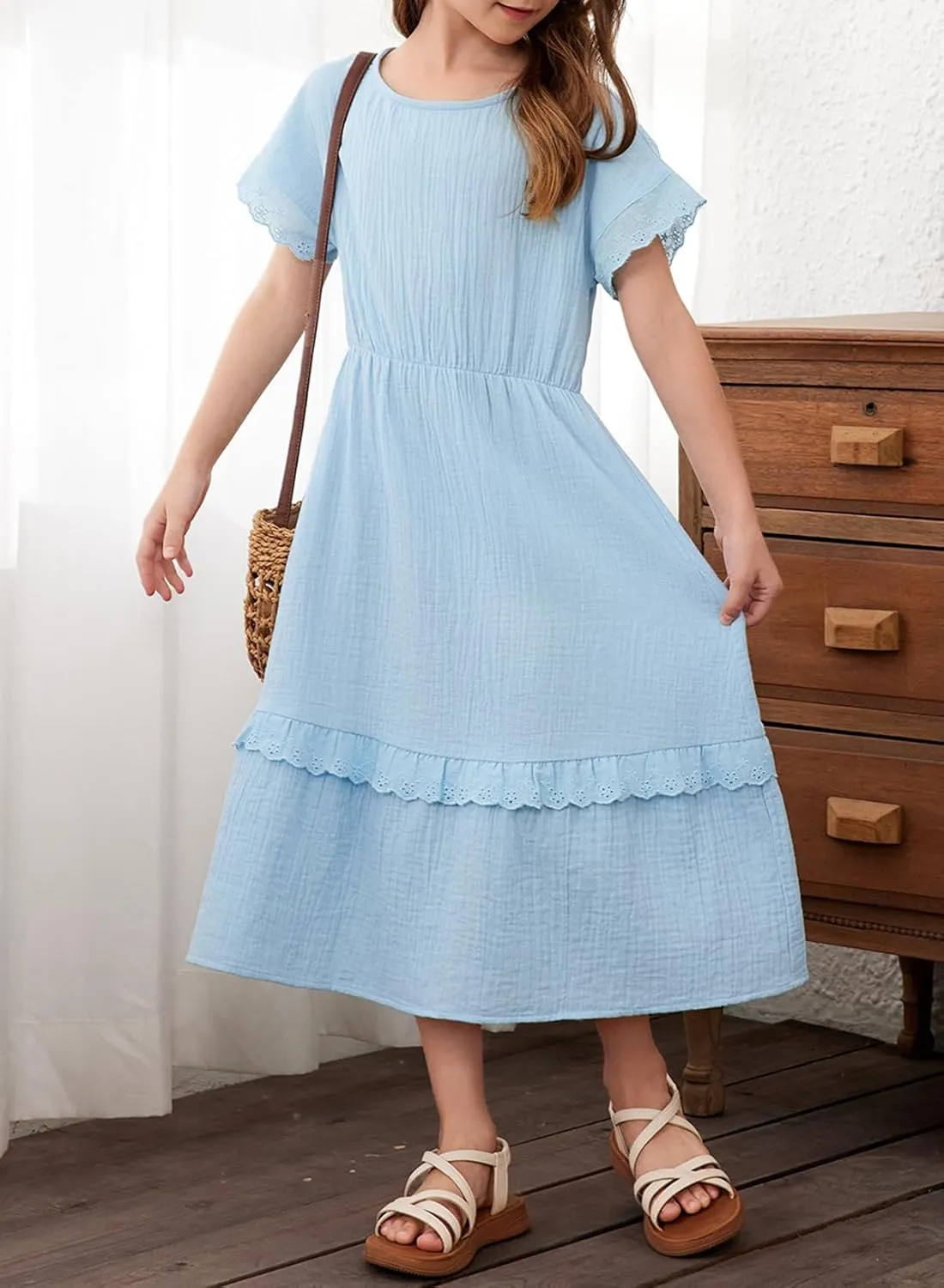 blibean Girls Cotton Short Sleeve Dresses Lace Semi Formal Dress Size 6-15 Years