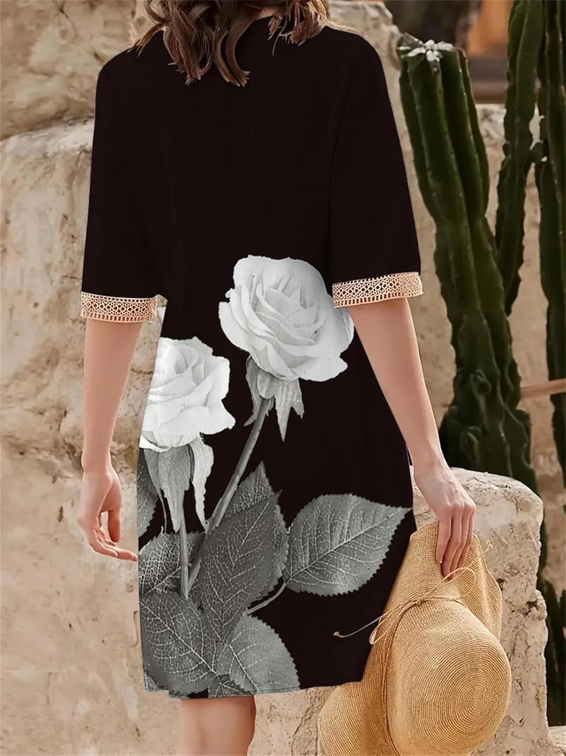 Boho Floral Print Midi Dress for Women Lace V Neck Short Sleeve Summer Casual A Line Dresses with Pockets