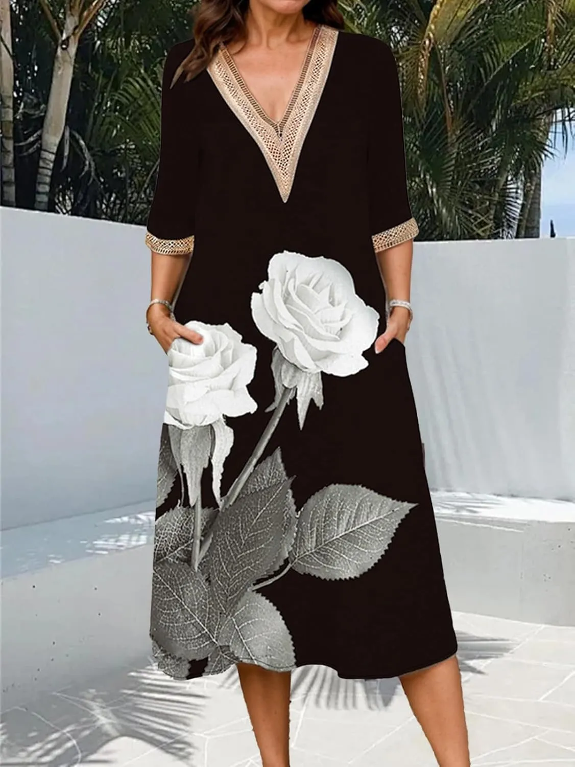 Boho Floral Print Midi Dress for Women Lace V Neck Short Sleeve Summer Casual A Line Dresses with Pockets
