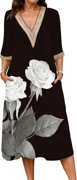 Boho Floral Print Midi Dress for Women Lace V Neck Short Sleeve Summer Casual A Line Dresses with Pockets