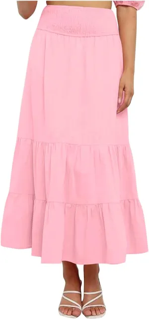 Boho Skirts for Women 2025 Summer Elastic Waist Ruffle Long Skirt Vacation Hawaiian Flowy Tiered Maxi Skirt