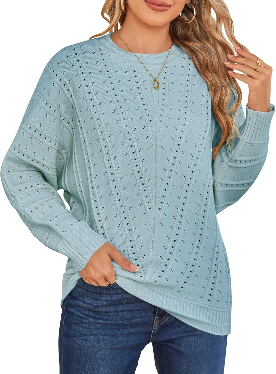 Cakulo Womens 2024 Sweaters Oversized Fall Tunic Batwing Crochet Pullover Knit Sweater Trendy Crew Neck Top