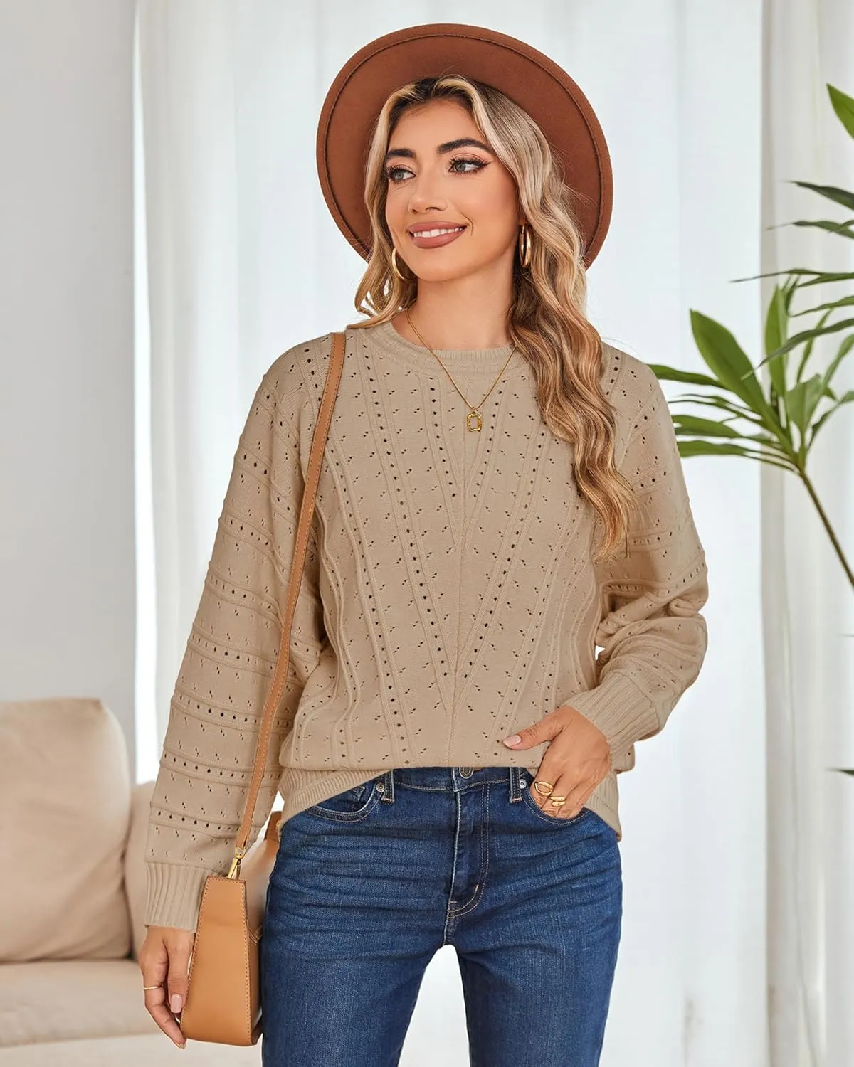 Cakulo Womens 2024 Sweaters Oversized Fall Tunic Batwing Crochet Pullover Knit Sweater Trendy Crew Neck Top