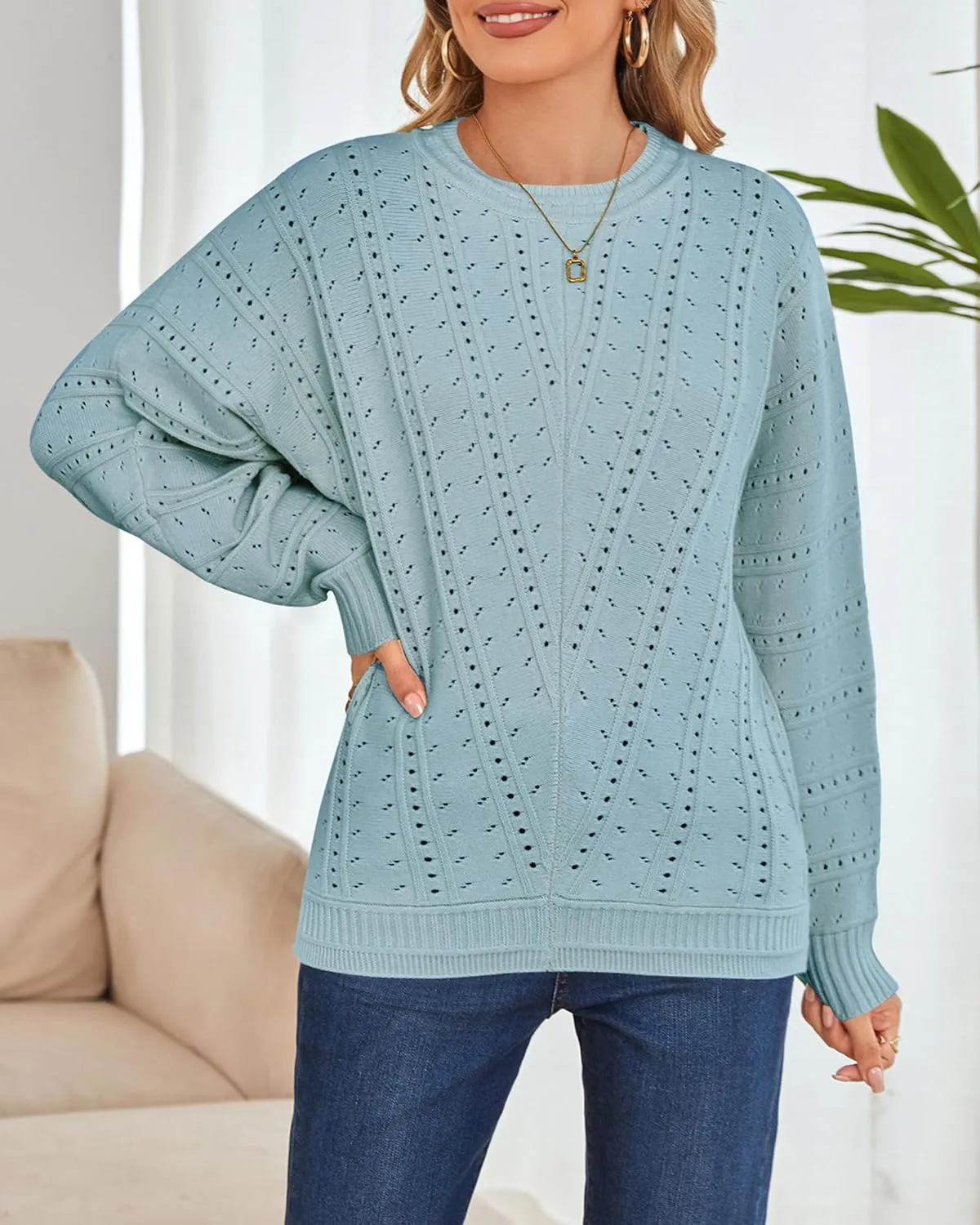 Cakulo Womens 2024 Sweaters Oversized Fall Tunic Batwing Crochet Pullover Knit Sweater Trendy Crew Neck Top