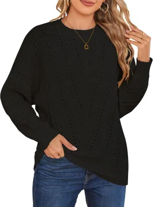Cakulo Womens 2024 Sweaters Oversized Fall Tunic Batwing Crochet Pullover Knit Sweater Trendy Crew Neck Top