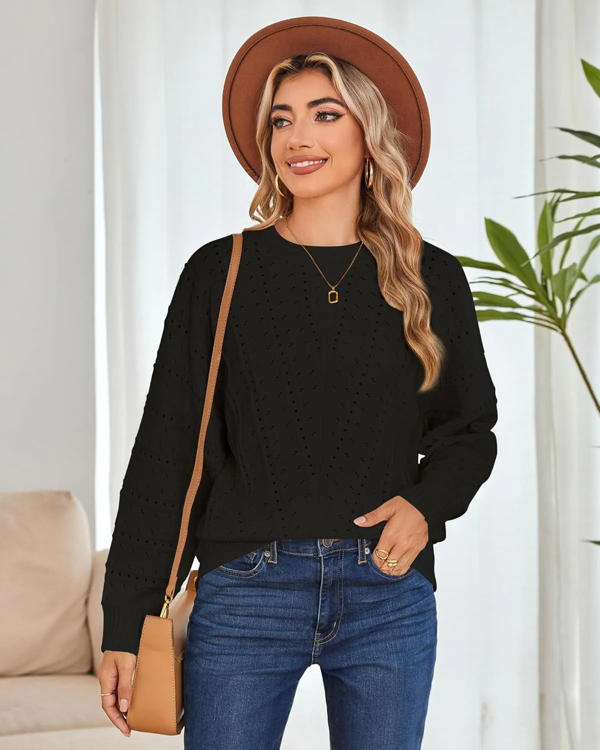 Cakulo Womens 2024 Sweaters Oversized Fall Tunic Batwing Crochet Pullover Knit Sweater Trendy Crew Neck Top