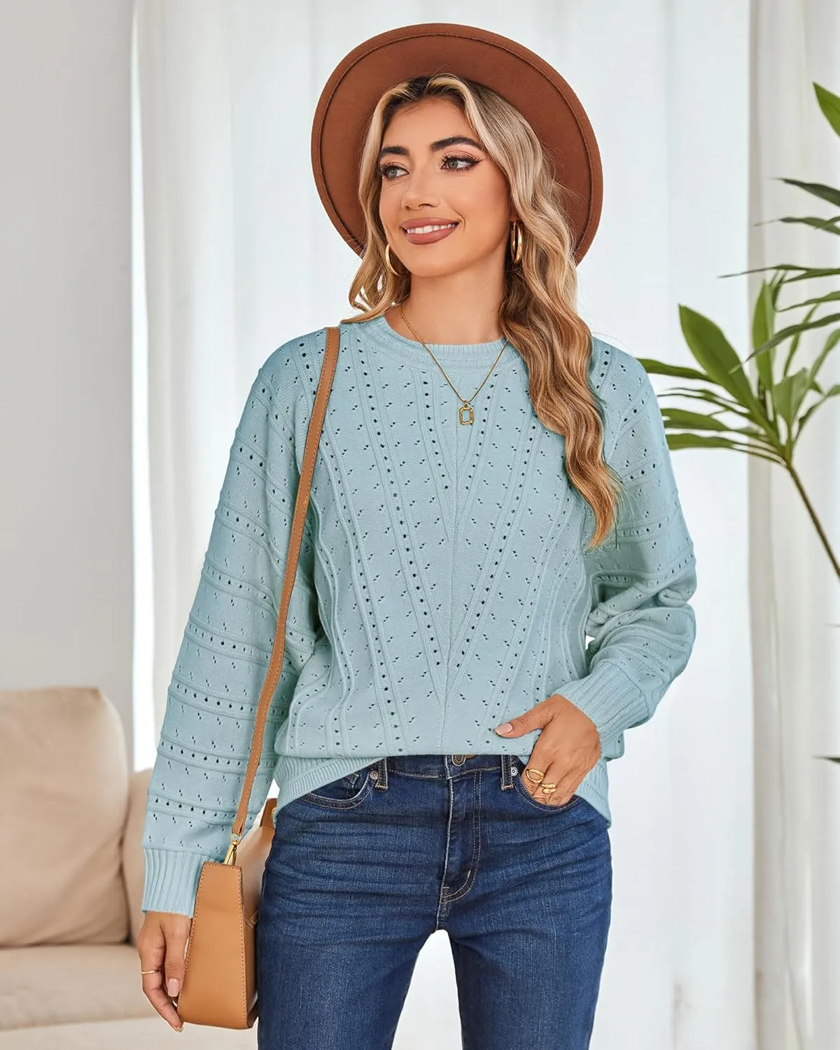 Cakulo Womens 2024 Sweaters Oversized Fall Tunic Batwing Crochet Pullover Knit Sweater Trendy Crew Neck Top
