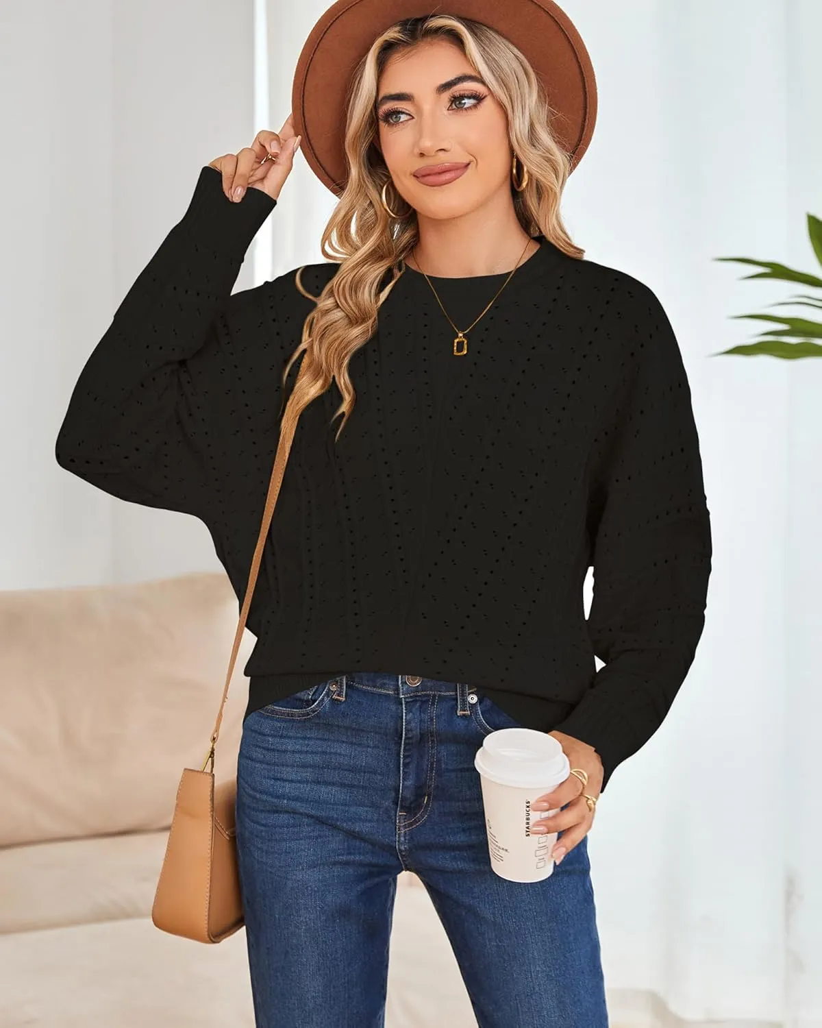 Cakulo Womens 2024 Sweaters Oversized Fall Tunic Batwing Crochet Pullover Knit Sweater Trendy Crew Neck Top