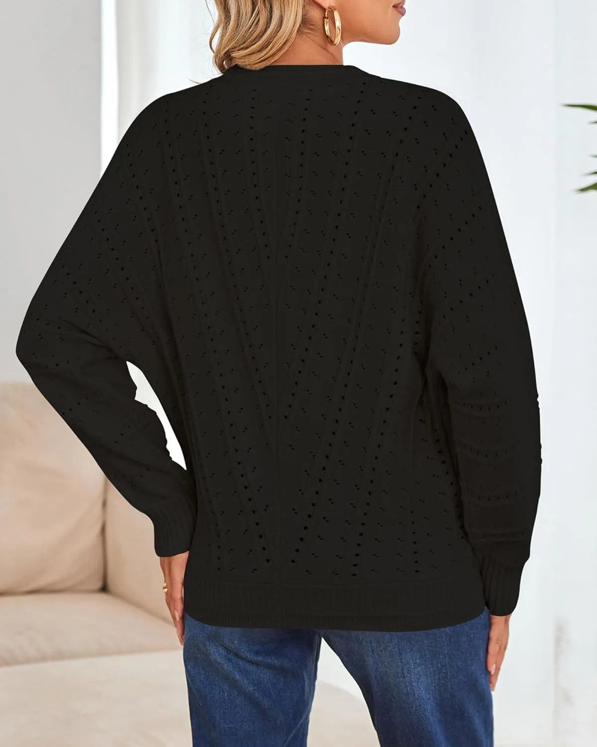 Cakulo Womens 2024 Sweaters Oversized Fall Tunic Batwing Crochet Pullover Knit Sweater Trendy Crew Neck Top