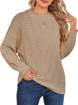 Cakulo Womens 2024 Sweaters Oversized Fall Tunic Batwing Crochet Pullover Knit Sweater Trendy Crew Neck Top