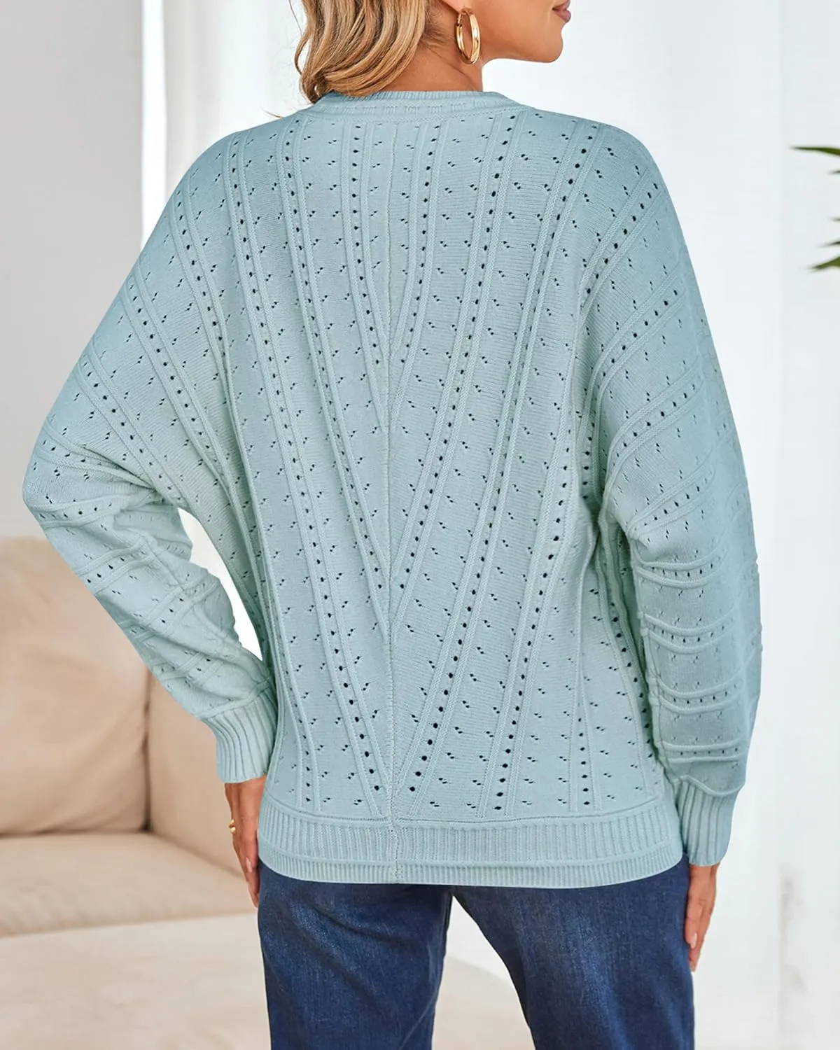 Cakulo Womens 2024 Sweaters Oversized Fall Tunic Batwing Crochet Pullover Knit Sweater Trendy Crew Neck Top