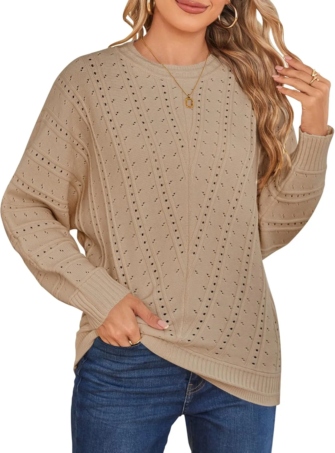 Cakulo Womens 2024 Sweaters Oversized Fall Tunic Batwing Crochet Pullover Knit Sweater Trendy Crew Neck Top