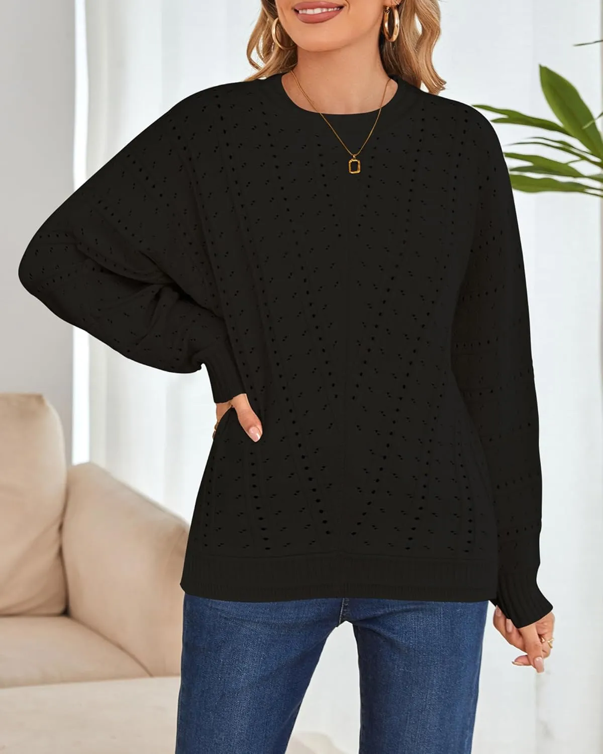 Cakulo Womens 2024 Sweaters Oversized Fall Tunic Batwing Crochet Pullover Knit Sweater Trendy Crew Neck Top