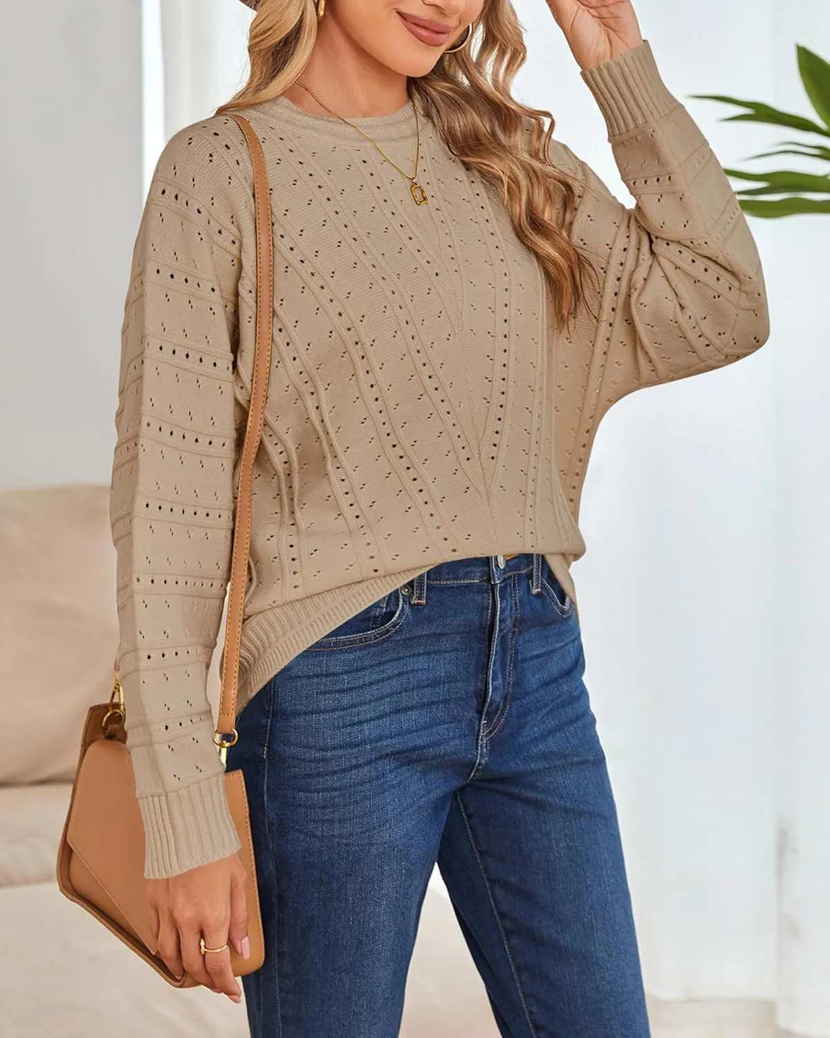 Cakulo Womens 2024 Sweaters Oversized Fall Tunic Batwing Crochet Pullover Knit Sweater Trendy Crew Neck Top