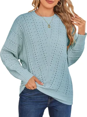 Cakulo Womens 2024 Sweaters Oversized Fall Tunic Batwing Crochet Pullover Knit Sweater Trendy Crew Neck Top