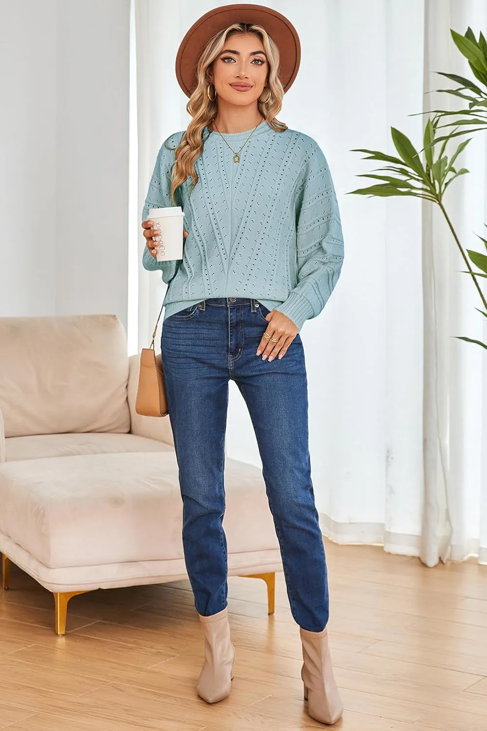 Cakulo Womens 2024 Sweaters Oversized Fall Tunic Batwing Crochet Pullover Knit Sweater Trendy Crew Neck Top
