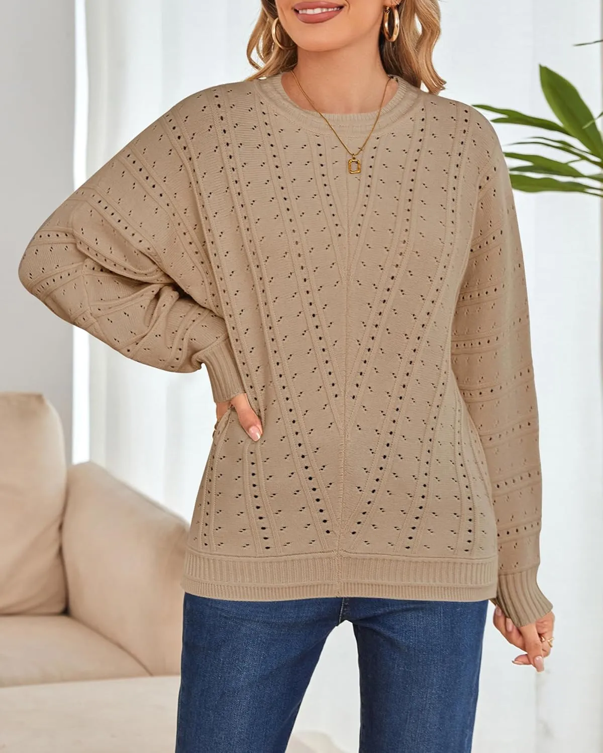 Cakulo Womens 2024 Sweaters Oversized Fall Tunic Batwing Crochet Pullover Knit Sweater Trendy Crew Neck Top