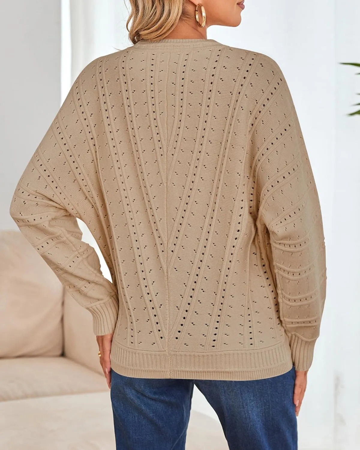 Cakulo Womens 2024 Sweaters Oversized Fall Tunic Batwing Crochet Pullover Knit Sweater Trendy Crew Neck Top
